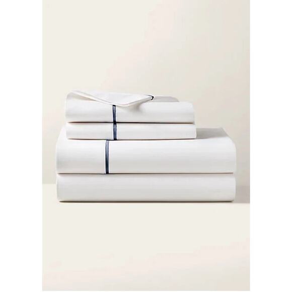 Ralph Lauren Palmer Percale Twin Flat Sheet White Polo Navy NEW - Picture 1 of 4